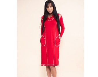 Kee length red dress with side pockets / pencil polo dress / plus size maxi dress / long sleeve dress / open shoulder dress / party dress