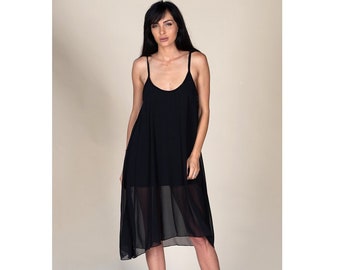Black chiffon dress / tank top dress with knee length / midi dress / loose dress / flared dress / strap dress / plus size maxi dress