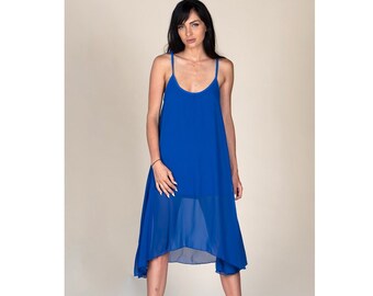 Blue chiffon dress / tank top dress with knee length / midi dress / loose dress / flared dress / strap dress / plus size maxi dress