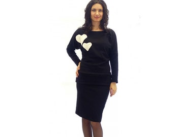 Knitted Blouse and Skirt in Set, Knitted Blouse, Knitted Skirt, Plus Size Set, Oversize Set, Black Blouse, Black Skirt