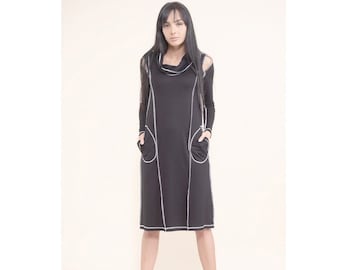 Kee length black dress with side pockets / pencil polo dress / plus size maxi dress / long sleeve dress / open shoulder dress / party dress