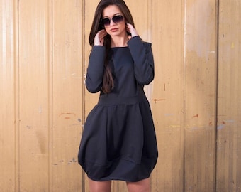 Black dress / long sleeve dress / knee length dress / above knee dress / plus size maxi dress / baggy dress / oversize dress / balloon dress