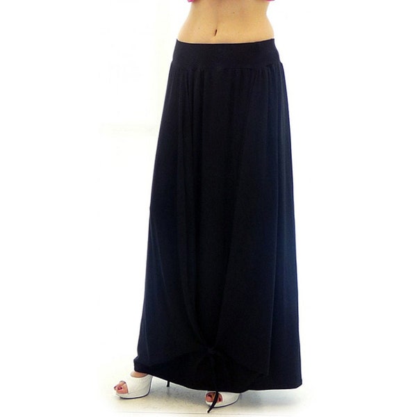 Long black jersey skirt / high elastic waist skirt / midi skirt with bottom tie / elastic waistband skirt / flared baggy loose skirt