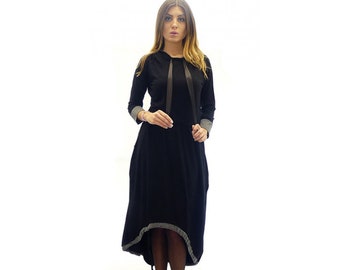 Hoodie dress / asymmetric dress / black with gray dress / plus size maxi dress / long sleeve dress / below the knee dress