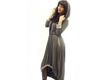Hoodie dress / gray asymmetric dress / plus size maxi dress / long sleeve dress / knee length dress / below the knee dress
