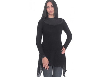 Black asymmetrical tunic, with long sleeves