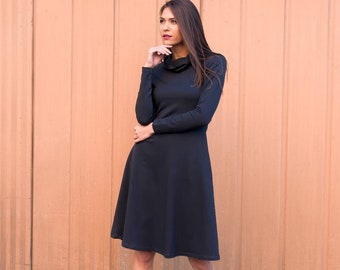 Black dress / midi dress / long sleeve dress / knee length dress / polo dress / turtleneck dress / plus size maxi dress / flared dress