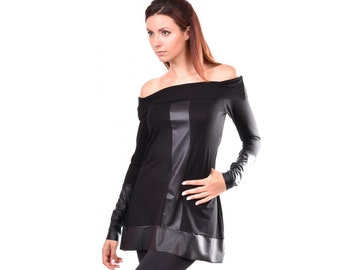 Black lady tunic, with bare showlders and faux leather elements