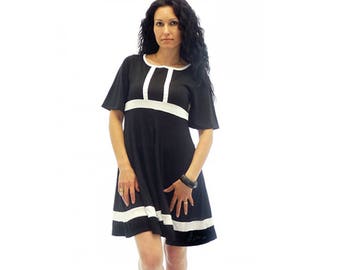 Black dress with white elements / midi dress / knee length dress / bell sleeves dress / half sleeve dress / plus size maxi dress