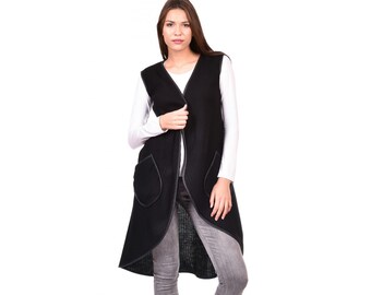 Long Asymmetrical Vest, Black Knitted Vest, Knit Vest, Plus Size Vest, Oversize Vest, Maxi Vest, Women Vest, Winter Vest, Warm Unique Vest