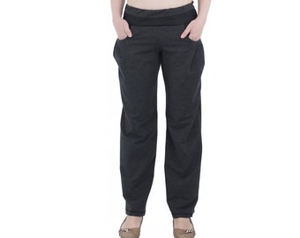 May include: Dark gray, wide-leg pants with a black waistband and pockets. The pants are made of a soft, comfortable fabric.