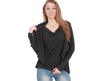 May include: A black long-sleeved shirt with a cowl neck and a draped design. The shirt is made of a soft, stretchy fabric.