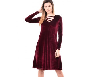 Burgiundy velvet dress / knee length dress / midi dress / long sleeve dress / flared dress / plus size maxi dress / deep neck dress