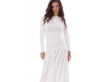 White dress / plus size dress / bohemian dress / jersey dress / one showlder dress / knee length dress / below the knee dress