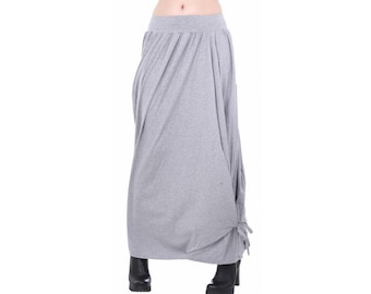 Long white gray jersey skirt / high elastic waist skirt / midi skirt with bottom tie / elastic waistband skirt / casual baggy loose skirt