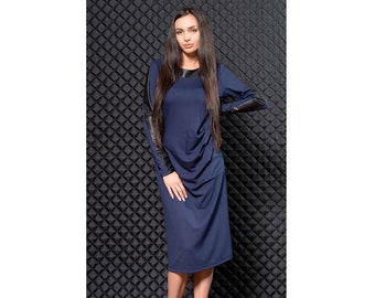 Blue dress with faux leather elements / long sleeve dress / knee length dress / pencil dress / plus size maxi dress / casual dress