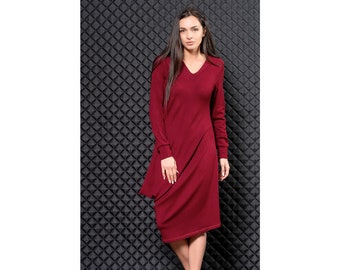 Burgundy knitted dress / long sleeve dress / knee length dress / V neck dress / loose dress / plus size maxi dress / casual dress / oversize