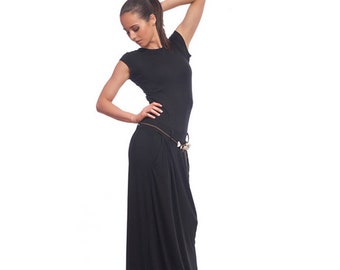 Long black dress with short sleeves / plus size maxi dress / jersey casual dress / pencil dress / floor length dress / flared fitted dress
