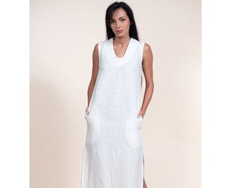 Linen dress, in ecru color, with knee length, and short sleeves