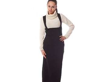 Black pinafore / long pinafore / floor length pinafore / winter pinafore / plus size pinafore / maxi pinafore / bodycon pinafore