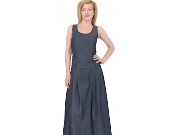 Blue denim dress / long dress / floor length dress / plus size maxi dress / flared dress / sleeveless dress / strap dress / tank top dress