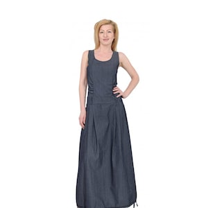 Blue denim dress / long dress / floor length dress / plus size maxi dress / flared dress / sleeveless dress / strap dress / tank top dress