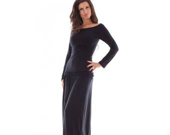 Long black dress / long sleeve dress / plus size maxi dress / long dress / boat Neck dress / black dress / boho dress / jersey dress