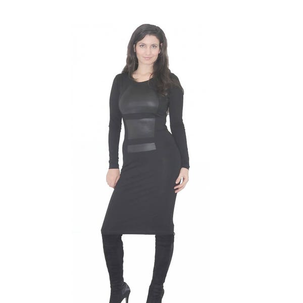 Black jersey dress / long sleeve dress / knee length dress / plus size maxi dress / bodycon dress / pencil dress / faux leather dress