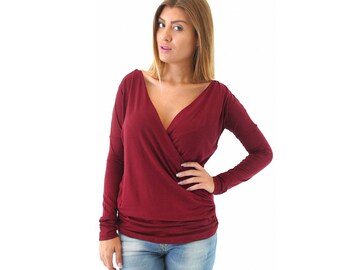 Jersey blouse with long sleeves in bordeaux color
