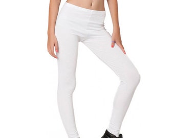 May include: White leggings with a high waist and a slim fit. The leggings are made of a soft, stretchy material and are perfect for yoga, running, or everyday wear.