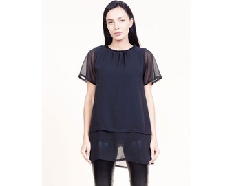 Black chiffon top with short sleeves