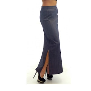 Long blue denim skirt with elastic waist / high waist skirt / plus size maxi skirt / pencil floor length skirt / casual bodycon skirt