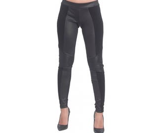 Women black leggings from jersey and faux leather / high waist leggings / plus size leggings / elastic waist leggings / full length leggings
