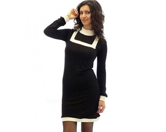 Black knitted polo dress with above knee length / long sleeve dress / casual dress / pencil dress / turtle Neck dress / plus size dress