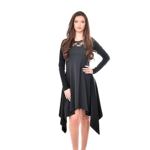 Black asymmetric dress / midi dress / long sleeve dress / knee length dress / flared dress / casual dress / party dress / oversize dress