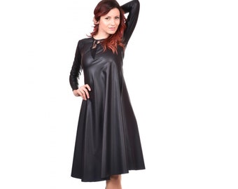 Black faux leather dress with lace element / midi dress / long sleeve dress / knee length dress / flared dress / vegan leather dress