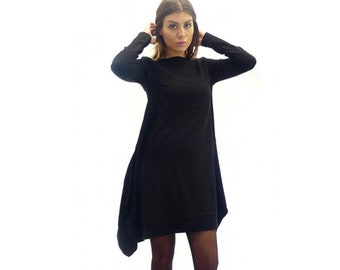 Asymmetrische zwarte jurk / jurk met lange mouwen / knielengte jurk / jersey jurk / plus size jurk / feestjurk / boho jurk / oversized jurk