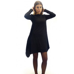 Asymmetric black dress / long sleeve dress / knee length dress / jersey dress / plus size dress / party dress / boho dress / oversize dress