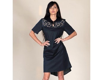 Black asymmetrical dress with lace element / midi knee length dress / short sleeve dress / flared dress / half sleeve dress / casual dress