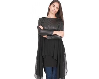 Black chiffon tunic, with faux leather