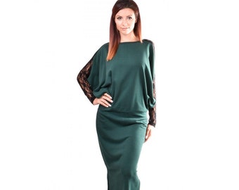 Lace sleeve dress / long green dress / plus size dress / bat dress / lace dress / long sleeve dress / casual dress / floor length