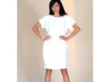White 100% Cotton Knee Length Dress, V-Neck Dress with Pockets, Shift Half Sleeve Dress, Customizable Dress, Plus Size, Petite, Tall etsw
