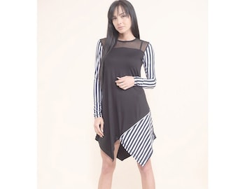 Black and white stripe dress with knee length / asymmetric dress with long sleeves and loose fit / party baggy dress dress / bubble dress