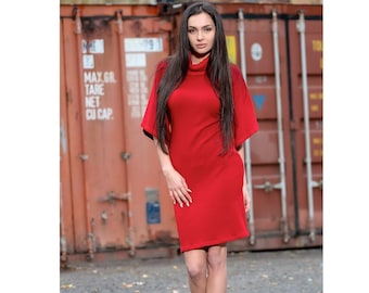 Red knitted dress with bell sleeves / knee length dress / half sleeve pencil dress / turtle Neck dress / flared sleeves polo dress