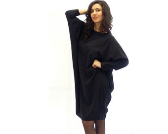 Black knee length dress with long sleeves / kaftan dress / loose dress / plus size dress / tent dress, balloon baggy dress, casual bat dress