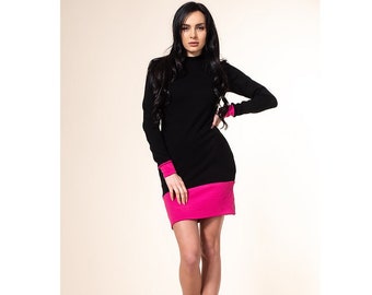 Short knitted dress in black and pink color / long sleeve dress / above knee dress / plus size maxi dress / pencil dress / bodycon dress