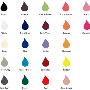 Peut inclure: Un nuancier de 20 couleurs diff&eacute;rentes, chacune en forme de goutte. Les couleurs incluent le noir, le brun, le vert blanc, la past&egrave;que, le rose, le blanc, le bleu fonc&eacute;, le violet fonc&eacute;, l'orange, le magenta, l'&eacute;cru, le bleu, le violet, la moutarde, le gris clair, le bleu d'eau, le bordeaux, le jaune, le gris fonc&eacute;, le vert, le rouge et les roses cendr&eacute;es.