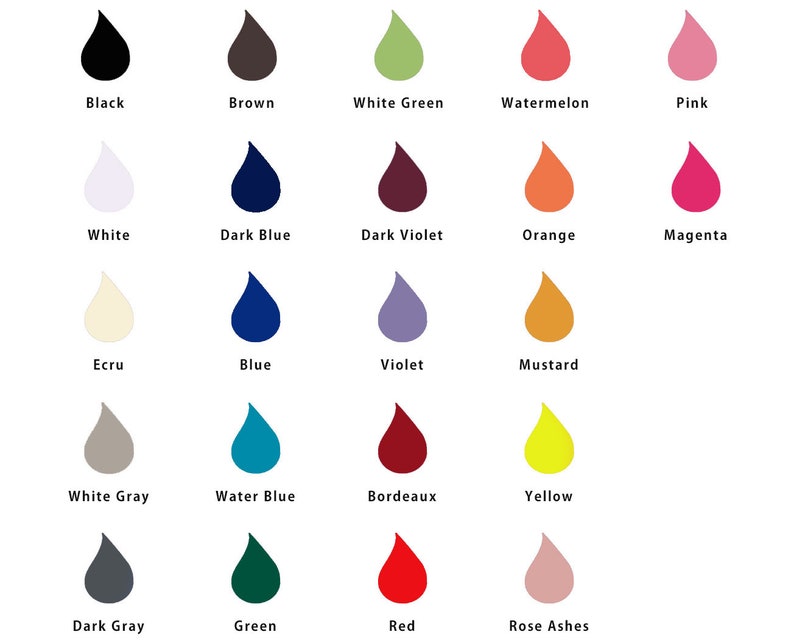 Peut inclure: Un nuancier de 20 couleurs diff&eacute;rentes, chacune en forme de goutte. Les couleurs incluent le noir, le brun, le vert blanc, la past&egrave;que, le rose, le blanc, le bleu fonc&eacute;, le violet fonc&eacute;, l'orange, le magenta, l'&eacute;cru, le bleu, le violet, la moutarde, le gris clair, le bleu d'eau, le bordeaux, le jaune, le gris fonc&eacute;, le vert, le rouge et les roses cendr&eacute;es.