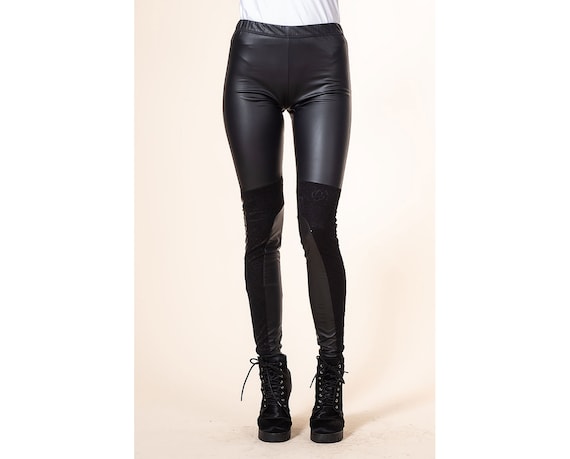Black leggings with leather knee clearance patches