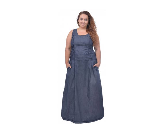 Blue Denim Dress / Long Dress / Floor Length Dress / Plus Size Maxi Dress /  Flared Dress / Sleeveless Dress / Strap Dress / Tank Top Dress 